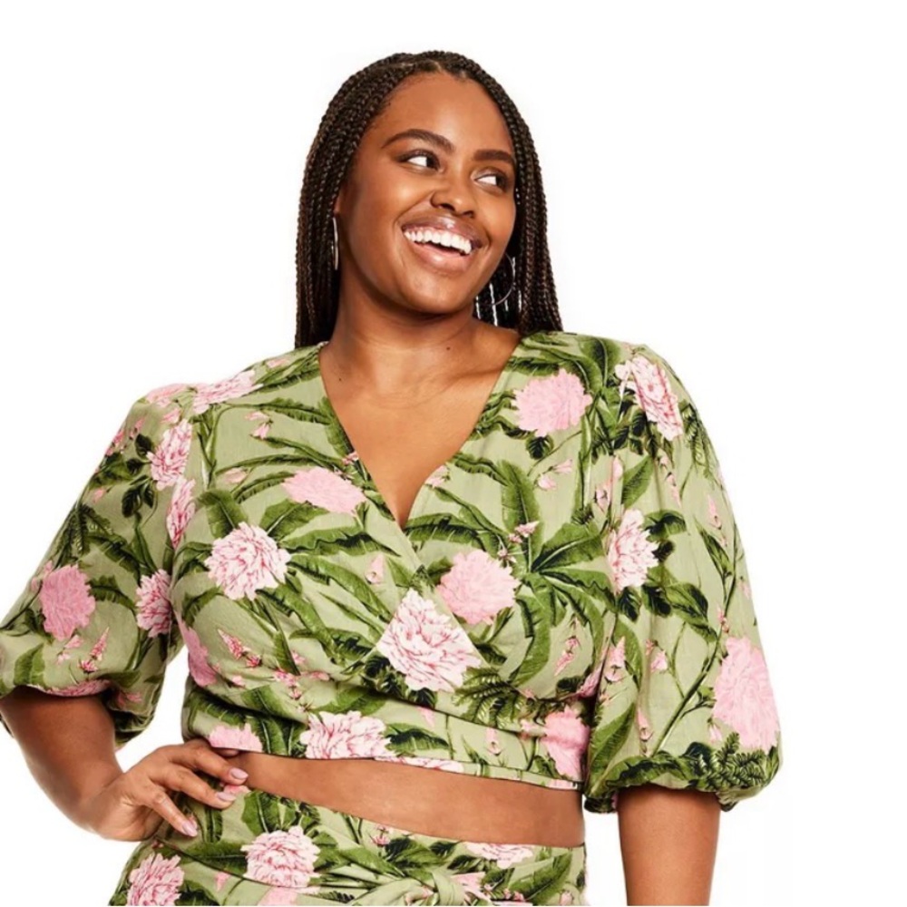 Agua Bendita x Target LARGE Green Pink Puff Sleeve Peony Wrap Crop Top Linen